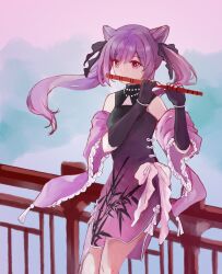 1girl absurdres black_dress black_gloves china_dress chinese_clothes cone_hair_bun detached_sleeves dress fingerless_gloves flute genshin_impact gloves gradient_clothes gradient_dress hair_bun highres holding holding_flute holding_instrument instrument keqing_(genshin_impact) long_hair music playing_instrument purple_dress purple_eyes purple_hair railing roshengy sleeveless sleeveless_dress solo twintails very_long_hair
