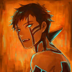 1boy black_hair body_markings demi-fiend glowing glowing_eyes glowing_tattoo green_eyes horns looking_at_viewer male_focus open_mouth orange_background portrait shin_megami_tensei shin_megami_tensei_iii:_nocturne short_hair single_horn solo zoosama