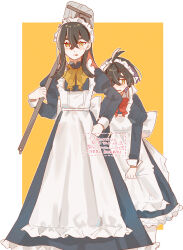 1boy 1girl absurdres ahoge alternate_costume apron bow bowtie brother_and_sister carmine_(pokemon) closed_mouth colored_inner_hair commentary_request crossdressing crossed_bangs enmaided hair_between_eyes hand_on_own_hip hand_up highres holding holding_mop kieran_(pokemon) kuritiizu long_hair long_sleeves looking_at_viewer maid maid_headdress mole mole_under_eye mop multicolored_hair nintendo pokemon pokemon_sv red_bow red_bowtie siblings tongue tongue_out white_apron yellow_background