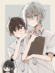 Rule 34 | 1girl, 2boys, :t, ahoge, bishounen, black hair, black trim, blue necktie, blunt bangs, blush, border, brown eyes, brown hair, clipboard, collared shirt, fruits basket, grey background, grey eyes, grey hair, hair between eyes, half updo, hand on own elbow, hands on another&#039;s shoulders, holding, holding clipboard, jitome, kuragi machi, looking at viewer, manabe kakeru, multiple boys, necktie, school uniform, shirt, short hair, short sleeves, sidelocks, sohma yuki, upper body, user rarp4453, white shirt, wing collar, yellow border