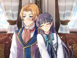 1boy 1girl artist_request blonde_hair blue_eyes blush bow bowtie brooch closed_eyes commission curtained_hair earrings eiyuu_densetsu elise_schwarzer hair_ornament highres hime_cut indoors jewelry long_hair long_sidelocks mixed-language_commentary patrick_t._hyarms_(eiyuu_densetsu) second-party_source sen_no_kiseki sen_no_kiseki_(series) sen_no_kiseki_iii short_hair sidelocks smile sparkle vest waistcoat
