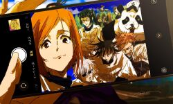 black_hair bob_cut broom broom_riding character_request commentary_request glasses gojou_satoru highres holding holding_phone imamuu_(imamoon) itadori_yuuji jujutsu_kaisen kugisaki_nobara multiple_girls panda panda_(jujutsu_kaisen) phone signature smile sunglasses swept_bangs taking_picture toudou_aoi_(jujutsu_kaisen) v white_hair zen&#039;in_maki
