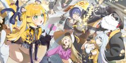 &gt;_&lt; 2boys 4girls absurdres animal_ear_fluff animal_ears asymmetrical_gloves belle_(delicate_sunlight)_(zenless_zone_zero) belle_(zenless_zone_zero) bird black_bird black_fur black_gloves black_unitard blonde_hair blue_hair bow bracelet breasts cat cleavage_cutout clothing_cutout collared_shirt colored_inner_hair crop_top dress elbow_gloves fingerless_gloves gloves green_eyes grey_shirt hair_ornament hat high-waist_shorts highres jacket jewelry ju_fufu large_breasts long_hair multicolored_fur multicolored_hair multiple_boys multiple_girls official_alternate_costume orange_dress pan_yinhu panda_boy panda_ears pantyhose purple_shirt round_eyewear shirt shorts single_elbow_glove single_hair_intake smile spiked_bracelet spikes striped_fur tail tail_bow tail_ornament tiger_ears tiger_girl tiger_stripes tiger_tail white_hair white_hat white_pantyhose wise_(soaring_crane)_(zenless_zone_zero) wise_(zenless_zone_zero) wok yellow_eyes yellow_jacket yin_yang_pin yixuan_(zenless_zone_zero) zenless_zone_zero ziki_(gkdlfnzo1245)