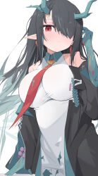1girl absurdres arknights arm_up bare_shoulders black_hair blush breasts closed_mouth collared_dress colored_extremities commentary_request dragon_girl dragon_horns dress dusk_(arknights) green_hair hair_over_one_eye highres horns large_breasts long_hair looking_at_viewer multicolored_hair necktie off_shoulder one_eye_covered partial_commentary pointy_ears red_eyes red_necktie simple_background sleeveless sleeveless_dress solo torn_clothes torn_necktie two-tone_hair white_background white_dress yuuko_(oruta)