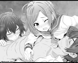 1boy 2girls ahoge blush breastfeeding breasts brother_and_sister closed_eyes clothed_female_nude_male collared_shirt commentary_request commission cum cum_in_mouth cum_in_nose cum_overflow deepthroat ejaculation fang fellatio ffm_threesome greyscale group_sex hair_ornament highres hikigaya_hachiman hikigaya_komachi incest lactation long_hair looking_at_another looking_at_viewer lying monochrome multiple_girls nekosaki nipple_stimulation nude on_back one_eye_closed oral pixiv_commission sailor_collar shirt short_hair siblings small_breasts threesome twitter_username wince x_hair_ornament yahari_ore_no_seishun_lovecome_wa_machigatteiru. yukinoshita_yukino