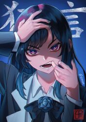 1girl ado_(utaite) black_bow black_bowtie black_hair blue_background blue_hair blue_nails bow bowtie chando_(ado) colored_inner_hair commentary english_commentary finger_in_own_mouth highres ivan_saputra long_hair long_sleeves multicolored_hair nail_polish open_mouth purple_eyes sharp_teeth shirt sidelocks solo teeth upper_body utaite white_shirt