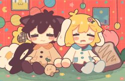 Rule 34 | 2boys, animal ears, basil (faraway) (omori), basil (omori), big yellow cat (omori), black hair, black socks, blonde hair, brown shorts, cat boy, cat ears, character doll, closed eyes, closed mouth, coat, doll, highres, hishimatope, holding hands, indoors, kemonomimi mode, long sleeves, multiple boys, omori, open mouth, rabbit boy, rabbit ears, short hair, shorts, socks, something (omori), sprout mole, stuffed toy, sunny (omori), wavy mouth, white socks