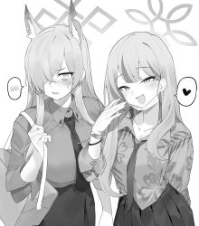 2girls absurdres animal_ear_fluff animal_ears blue_archive blush breasts clenched_teeth collared_shirt dog_ears greyscale hair_over_one_eye halo hawaiian_shirt heart highres kanna_(blue_archive) konoka_(blue_archive) large_breasts long_hair long_sleeves mask mask_pull monochrome mouth_mask multiple_girls necktie pleated_skirt ramuri shirt simple_background skirt spoken_blush spoken_heart teeth white_background