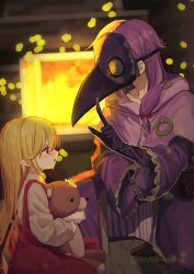 2girls absurdres black_gloves blonde_hair blurry blurry_background bow commentary_request crying crying_with_eyes_open dress fireplace flandre_scarlet frilled_sleeves frills gloves hair_bow highres holding holding_stuffed_toy kutabiretainu long_hair long_sleeves multiple_girls patchouli_knowledge plague_doctor_mask pointy_ears purple_dress purple_hair red_bow red_dress red_eyes stuffed_animal stuffed_toy tears teddy_bear touhou very_long_hair wide_sleeves wings