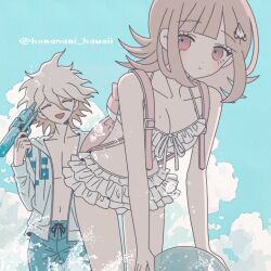 1boy 1girl :d animal_bag ball bare_shoulders bikini blunt_bangs breasts brown_hair cat_bag collarbone danganronpa_(series) danganronpa_2:_goodbye_despair danganronpa_s:_ultimate_summer_camp day flipped_hair galaga grey_hair hair_between_eyes jacket komaeda_nagito komanami_kawaii large_breasts male_underwear messy_hair mole mole_on_breast nanami_chiaki navel open_clothes open_jacket open_mouth pink_bag pink_eyes smile swimsuit underwear white_bikini white_jacket