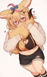 1girl absurdres ahoge animal_ears bare_shoulders belly black-framed_eyewear black_shorts black_socks blonde_hair blue_bow blue_nails blush bow breasts brown_hair cardigan cleavage cleavage_cutout closed_mouth clothing_cutout club_hair_ornament commentary diamond_hair_ornament english_commentary facial_mark fingernails fox_ears fox_girl fox_tail glasses hair_bow hair_ornament hairclip heart heart_cutout heart_hair_ornament heart_in_eye highres holding_own_tail hololive jewelry knees large_breasts long_hair long_sleeves looking_at_viewer midriff multicolored_hair nail_polish omaru_polka open_cardigan open_clothes pink_eyes pink_hair pink_shirt red_nails ring shirt shorts simple_background sleeves_past_wrists smile socks solo spade_hair_ornament streaked_hair sweater symbol_in_eye tail thighs torn_clothes torn_shorts varniskarnis veins veiny_breasts virtual_youtuber white_background white_sweater