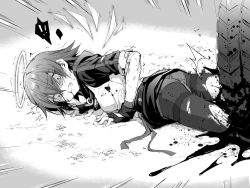 ! !! 1girl arknights blood clenched_teeth constricted_pupils detached_wings dismemberment energy_wings exusiai_(arknights) female_focus greyscale guro hair_between_eyes halo jacket kataokasan lying monochrome on_stomach panties panties_under_pantyhose pantyhose ryona short_hair solo speech_bubble spoken_exclamation_mark teeth torn_clothes torn_pantyhose underwear wheel wings