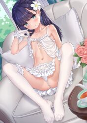 1girl aoi_kumiko blue_eyes blue_hair bra breasts commentary_request couch cup feet flat_chest flower gloves hair_flower hair_ornament highres lingerie looking_at_viewer medium_hair navel negligee nipples no_shoes original panties ribbon skirt small_breasts solo teacup thighhighs thong underwear upskirt white_ribbon white_thighhighs