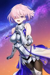 1girl :d armor armored_boots bare_shoulders blush boots breastplate breasts brown_pantyhose collar dress fate/grand_order fate_(series) faulds gauntlets gloves hair_over_one_eye highres kiya_hajime large_breasts looking_at_viewer mash_kyrielight mash_kyrielight_(paladin) metal_collar metal_gloves night night_sky open_mouth pantyhose pink_hair purple_eyes short_hair showgirl_skirt sky sleeveless smile solo spoilers thigh_strap thighs