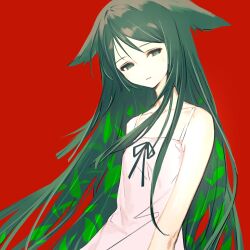 Rule 34 | 1girl, cerevevisiae, closed mouth, dress, expressionless, flat chest, green eyes, green hair, green ribbon, hair flaps, highres, long hair, looking at viewer, neck ribbon, pink pupils, red background, ribbon, saya (saya no uta), saya no uta, simple background, solo, sundress, upper body, very long hair, white dress