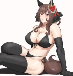 1girl alternate_costume animal_ears bare_shoulders bikini black_bikini black_gloves black_thighhighs braid braided_hair_rings breasts brown_hair cleavage closed_mouth commentary_request ear_covers ear_ornament elbow_gloves front-tie_bikini_top front-tie_top gentildonna_(umamusume) gloves hair_rings highres horse_ears horse_girl horse_tail large_breasts long_hair miya_nns35 navel red_eyes side-tie_bikini_bottom simple_background sitting smile solo swimsuit tail thighhighs umamusume white_background
