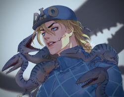 animal animal_on_shoulder argyle_clothes argyle_sweater blonde_hair blue_eyes blue_helmet blue_sweater clenched_teeth commentary_request cracked_skin dated diego_brando dinosaur fangs hair_between_eyes helmet highres hogo_shoku_mkr jojo_no_kimyou_na_bouken medium_hair open_mouth parted_lips scary_monsters_(stand) shadow stand_(jojo) steel_ball_run sweater teeth transformation turtleneck turtleneck_sweater