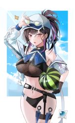 1girl bare_shoulders bikini black_bikini black_hair black_survival blush breasts eternal_return:_black_survival eyewear_on_head food fruit highres kunai large_breasts looking_at_viewer mole mole_under_eye multicolored_hair navel off_shoulder official_alternate_costume purple_eyes purple_hair simple_background sky solo somm110013 stomach sunglasses swimsuit thighs tsubame_(black_survival) two-tone_hair watermelon weapon weapon_in_garters white_background