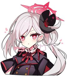 1girl :t black_scrunchie black_shirt blue_archive blush closed_mouth commentary cropped_torso grey_hair hair_ornament hair_scrunchie halo highres long_hair looking_at_viewer mutsuki_(blue_archive) puff_of_air red_eyes red_halo scrunchie shirocha_tei shirt simple_background solo twitter_username white_background