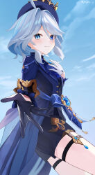 1girl absurdres ahoge artist_name ascot asymmetrical_gloves black_gloves blue_ascot blue_eyes blue_gemstone blue_hair blue_hat blue_jacket drop-shaped_pupils eyelash_ornament furina_(genshin_impact) gem genshin_impact gloves hair_between_eyes hat heterochromia highres jacket long_sleeves looking_at_viewer mismatched_gloves mismatched_pupils multicolored_hair ouji_fashion popo_y reaching reaching_towards_viewer short_hair smile solo streaked_hair symbol-shaped_pupils thigh_strap top_hat white_gloves white_hair