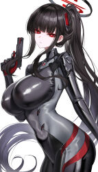 1girl absurdres black_bodysuit black_hair black_halo blue_archive bodysuit breasts bright_pupils closed_mouth commentary_request eternity_(shadeh) gun halo handgun highres holding holding_gun holding_weapon impossible_bodysuit impossible_clothes large_breasts long_hair looking_at_viewer multicolored_bodysuit official_alternate_costume official_alternate_hairstyle ponytail red_eyes rio_(blue_archive) rio_(bodysuit)_(blue_archive) shiny_clothes sidelocks simple_background skin_tight solo very_long_hair weapon white_background white_pupils