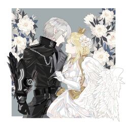 Rule 34 | 1boy, 1girl, aiguillette, angel wings, aqua eyes, arm at side, arm guards, ascot, belt, black belt, black coat, black gloves, black shirt, blonde hair, border, bow, braid, braided bun, cape, charlotte grace, charlotte grace (earth), coat, cowboy shot, crown, dress, dress bow, elbow gloves, epiphyllum, face-to-face, facing another, feathered wings, floral background, flower, from side, gloves, green eyes, grey background, grey hair, hair between eyes, hair bun, hair flower, hair ornament, hand up, korean commentary, lapels, looking at viewer, lord of heroes, mikhail blake, mikhail blake (dark), mini crown, outside border, pointy ears, profile, shirt, short hair, sidelocks, sideways glance, single hair bun, sleeveless, sleeveless dress, slothm22, standing, white ascot, white border, white cape, white dress, white flower, white gloves, white wings, wings, yellow bow