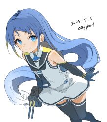 Rule 34 | 1girl, absurdres, adapted turret, bigkwl, black gloves, black neckerchief, black sailor collar, black thighhighs, blue eyes, blue hair, dated, elbow gloves, feet out of frame, from above, gloves, highres, kantai collection, neckerchief, one-hour drawing challenge, sailor collar, samidare (kancolle), school uniform, serafuku, shirt, simple background, skirt, sleeveless, sleeveless shirt, solo, swept bangs, thighhighs, twitter username, white background, white shirt, white skirt