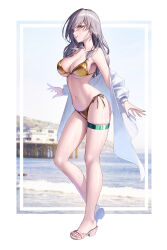 1girl absurdres bikini bowlp breasts commentary full_body gold_bikini grey_hair highres honkai:_star_rail honkai_(series) large_breasts long_hair navel off_shoulder parted_lips revision sandals shirt simple_background solo standing stelle_(honkai:_star_rail) stomach strap_gap swimsuit thigh_strap thighs trailblazer_(honkai:_star_rail) wet white_background white_shirt yellow_eyes