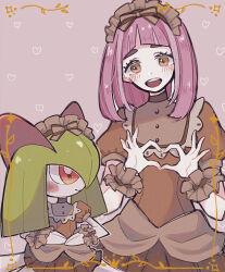 Rule 34 | 2girls, blush, brown dress, brown eyes, clothed pokemon, colored skin, dress, enekonoshippo27, gen 3 pokemon, green hair, hair over one eye, heart, heart hands, horns, kirlia, kirlia (grand gown), lacey (pokemon), looking at viewer, multiple girls, nintendo, pink eyes, pink hair, pokemon, pokemon (creature), pokemon cafe remix, pokemon sv, sidelocks, simple background, white skin