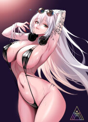 1girl arm_behind_head arm_tattoo artist_logo black_slingshot_swimsuit breasts commission covered_erect_nipples eyelashes flower_tattoo green_eyes headphones headphones_around_neck highres large_breasts linea_alba logo long_hair mad_kimo navel original parted_lips red_nails slingshot_swimsuit solo sweat swimsuit tattoo white_hair