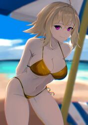 Rule 34 | 1girl, absurdres, ahoge, arms behind back, artist name, beach umbrella, bikini, blonde hair, blurry, blurry background, breasts, chromatic aberration, cleavage, closed mouth, collarbone, commentary, english commentary, faron, full body, gold bikini, hair flaps, hair intakes, highleg, highleg bikini, highres, large breasts, navel, ocean, outdoors, purple eyes, sand, seiza, short hair, side-tie bikini bottom, sidelocks, sitting, smile, solo, striped umbrella, swimsuit, umbrella, urotsuki, water, yume 2kki