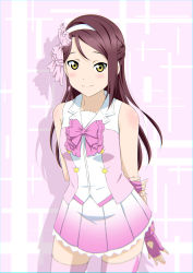 10s 1girl absurdres arms_behind_back blonde_hair bow brown_hair daisuki_dattara_daijoubu! female_focus fingerless_gloves gloves hair_bow hairband highres long_hair love_live! love_live!_school_idol_project love_live!_sunshine!! oku_no_shi pink_bow pink_gloves pink_skirt pink_thighhighs pleated_skirt sakurauchi_riko skirt smile solo thighhighs white_hairband zettai_ryouiki