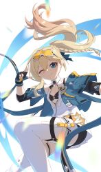 1girl absurdres black_bra black_gloves black_shorts blonde_hair blue_eyes bra braid commentary durandal_(honkai_impact) durandal_(reign_solaris)_(honkai_impact) fingerless_gloves flat_chest gloves highres honkai_(series) honkai_impact_3rd jumping long_hair looking_at_viewer luyue one_eye_closed shorts smile solo thighhighs underwear white_background white_thighhighs