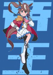 1girl animal_ears ascot asymmetrical_gloves blue_background blue_eyes bow brown_hair cape epaulettes gloves hair_between_eyes hair_bow hair_ornament hairclip high_ponytail highres horse_ears horse_girl horse_tail horseshoe_ornament long_sleeves mismatched_gloves multicolored_hair pink_ascot ponytail shoes short_hair single_epaulette streaked_hair tail tokai_teio_(umamusume) two-tone_hair umamusume