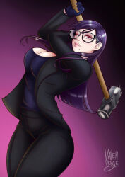 Rule 34 | 1girl, attack, breasts, cleavage cutout, clothing cutout, curvy, denim, female focus, formal clothes, glasses, gloves, hammer, highres, jeans, large breasts, looking at viewer, minakata hizuru, mole, pants, pink eyes, purple hair, solo, suit, summertime render, tank top, thick thighs, thighs, threatening