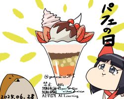 1girl ainu_clothes artist_name black_hair chibi dated food fruit grey_eyes highres ice_cream japanese_text long_hair mamahaha nakoruru parfait samurai_spirits snk strawberry the_king_of_fighters translated