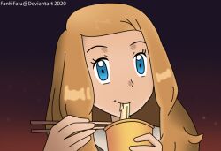 1girl absurdres animated animated_gif artist_name bare_shoulders black_shirt blonde_hair blue_eyes chopsticks clenched_hands collared_shirt eating eyelashes fankifalu female_focus fingernails food gradient_background hands_up happy highres holding long_hair looking_ahead neck no_headwear noodles open_mouth pokemon pokemon_(anime) serena_(pokemon) shirt sidelocks sleeveless sleeveless_shirt swept_bangs upper_body