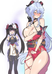 2girls alternate_costume bell blue_hair breast_envy breasts chinese_commentary cosplay costume_switch cowbell ganyu_(genshin_impact) ganyu_(genshin_impact)_(cosplay) genshin_impact goat_horns highres honkai:_star_rail honkai_(series) horns large_breasts multiple_girls neck_bell sparkle_(honkai:_star_rail) sparkle_(honkai:_star_rail)_(cosplay) twintails ynfkin