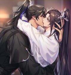 2boys absurdres adam&#039;s_apple arms_around_neck artist_name black_hair black_hanfu blue_ribbon blurry blurry_background blush brown_hair chinese_clothes chu_wanning closed_eyes depth_of_field erha_he_tadebai_mao_shizun french_kiss from_side half_updo hand_in_another&#039;s_hair hand_on_another&#039;s_head hanfu high_ponytail highres hug kiss long_hair long_sleeves male_focus mo_ran multiple_boys ponytail ribbon ribboned_xiao_guan tongue upper_body white_hanfu xiao_guan_(headdress) yaoi zehel_az