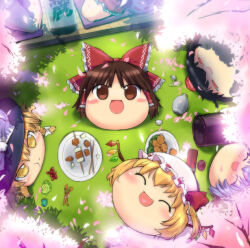5girls :d black_hat blonde_hair blue_hair blush bow brown_eyes brown_hair cherry_blossoms chicken_(food) closed_eyes commentary_request flandre_scarlet food fried_chicken from_above grass hair_bow hakurei_reimu hat kimeemaru kirisame_marisa looking_at_viewer mob_cap multiple_girls open_mouth red_bow red_hat remilia_scarlet shameimaru_aya shigeryun short_hair skewer smile spring_(season) tokin_hat tokkuri touhou v-shaped_eyebrows white_hat wings yellow_eyes yukkuri_shiteitte_ne