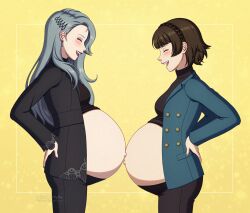 adricarra arms_behind_back artist_name belly belly-to-belly big_belly breasts commentary english_commentary highres navel niijima_makoto niijima_sae outie_navel persona persona_5 pregnant stomach watermark