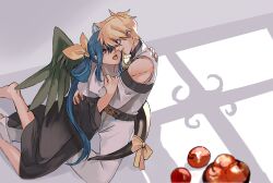 1boy 1girl apple asymmetrical_wings bare_shoulders barefoot belt black_dress blue_eyes couple dizzy_(guilty_gear) dress feet food fruit guilty_gear guilty_gear_x hair_between_eyes hair_rings highres hug husband_and_wife indoors ky_kiske long_hair nishimoto open_mouth red_eyes ribbon short_hair sidelocks tail tail_ornament tail_ribbon twintails window_shadow wings yellow_ribbon