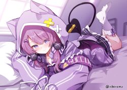 Rule 34 | 1girl, animal ears, animal hood, armband, baram, bed sheet, black skirt, blurry, blurry background, blush, closed mouth, commentary request, commission, day, demon girl, demon tail, demon wings, depth of field, fake animal ears, frilled skirt, frills, hood, hood up, hooded jacket, indie virtual youtuber, indoors, jacket, legs up, long hair, long sleeves, lying, mini wings, on stomach, pillow, puffy long sleeves, puffy sleeves, purple eyes, purple hair, purple jacket, purple shirt, purple wings, remyle (vtuber), shirt, skeb commission, skirt, sleeves past fingers, sleeves past wrists, smile, socks, solo, sunglasses, tail, twitter username, virtual youtuber, white socks, window, wings