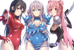Rule 34 | 3girls, alisa mikhailovna kujou, arm under breasts, ass, black gloves, black hair, black leotard, blue eyes, blue gloves, blue leotard, blush, breasts, claw (weapon), cleavage, closed mouth, commission, covered navel, double bun, from side, gloves, grey hair, groin, hair between eyes, hair bun, hand on own hip, happy sugar life, highres, large breasts, leotard, lips, long hair, looking at viewer, matsuzaka satou, multiple girls, pink hair, pixiv commission, red eyes, red gloves, red leotard, sakurajima mai, seishun buta yarou, shiraha (shiraha 0129), sideboob, simple background, smile, spiked gloves, spiked pauldrons, tokidoki bosotto roshia-go de dereru tonari no alya-san, very long hair, weapon, white background