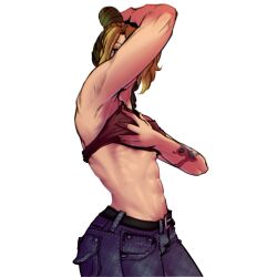 abs absurdres artigor bare_arms blonde_hair flexing highres jojo_no_kimyou_na_bouken kuujou_jolyne leanbeefpatty muscular muscular_female non-web_source stone_ocean