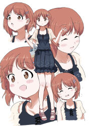 Rule 34 | 1girl, adapted costume, alternate hairstyle, basket, black dress, blush, breasts, brown eyes, brown hair, cardigan, closed eyes, closed mouth, collarbone, dress, floral print, floral print dress, girls und panzer, hair ornament, hairpin, halter dress, halterneck, highres, holding, holding basket, jacket, medium dress, multiple views, nishizumi miho, open mouth, print dress, sandals, shirt, short hair, smile, spaghetti strap, sundress, toenails, yakatamichi, yellow cardigan, yellow jacket, yellow shirt