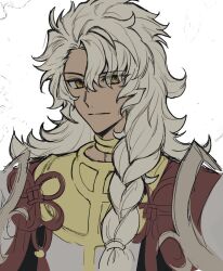 Rule 34 | 1boy, braid, closed mouth, commentary request, dark-skinned male, dark skin, eyes visible through hair, fate/grand order, fate (series), flower knot, hair over one eye, hair over shoulder, jewelry, korean commentary, long hair, looking at viewer, looking to the side, male focus, myg 8028, neck ring, orange eyes, side braid, simple background, single braid, smile, solo, solomon (fate), upper body, very long hair, white background, white hair