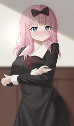 1girl :t absurdres bad_id bad_twitter_id black_bow black_dress blue_eyes blurry blurry_background blush bow breasts closed_mouth collared_dress crossed_arms dress emduck fingernails fujiwara_chika hair_bow highres kaguya-sama_wa_kokurasetai_~tensai-tachi_no_renai_zunousen~ large_breasts long_sleeves looking_at_viewer neck_ribbon pink_hair pout pouty_lips red_ribbon ribbon school_uniform shuuchiin_academy_school_uniform sleeves_past_wrists solo v-shaped_eyebrows
