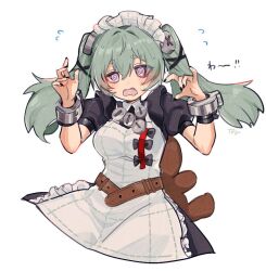 1girl @_@ apron black_nails blush breasts corin_wickes green_hair hair_between_eyes long_hair maid maid_apron maid_headdress medium_breasts nad0_55 puffy_short_sleeves puffy_sleeves purple_eyes screw_hair_ornament short_sleeves solo stuffed_animal stuffed_toy teddy_bear twintails white_background zenless_zone_zero