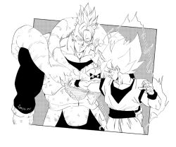 Rule 34 | 2boys, android 16, aura, battle, border, clenched hand, clenched teeth, collarbone, dougi, dragon ball, dragonball z, fenyon, halftone, halftone background, male focus, medium hair, mohawk, multiple boys, muscular, muscular male, punching, son goku, spiked hair, super saiyan, super saiyan 1, teeth, white border